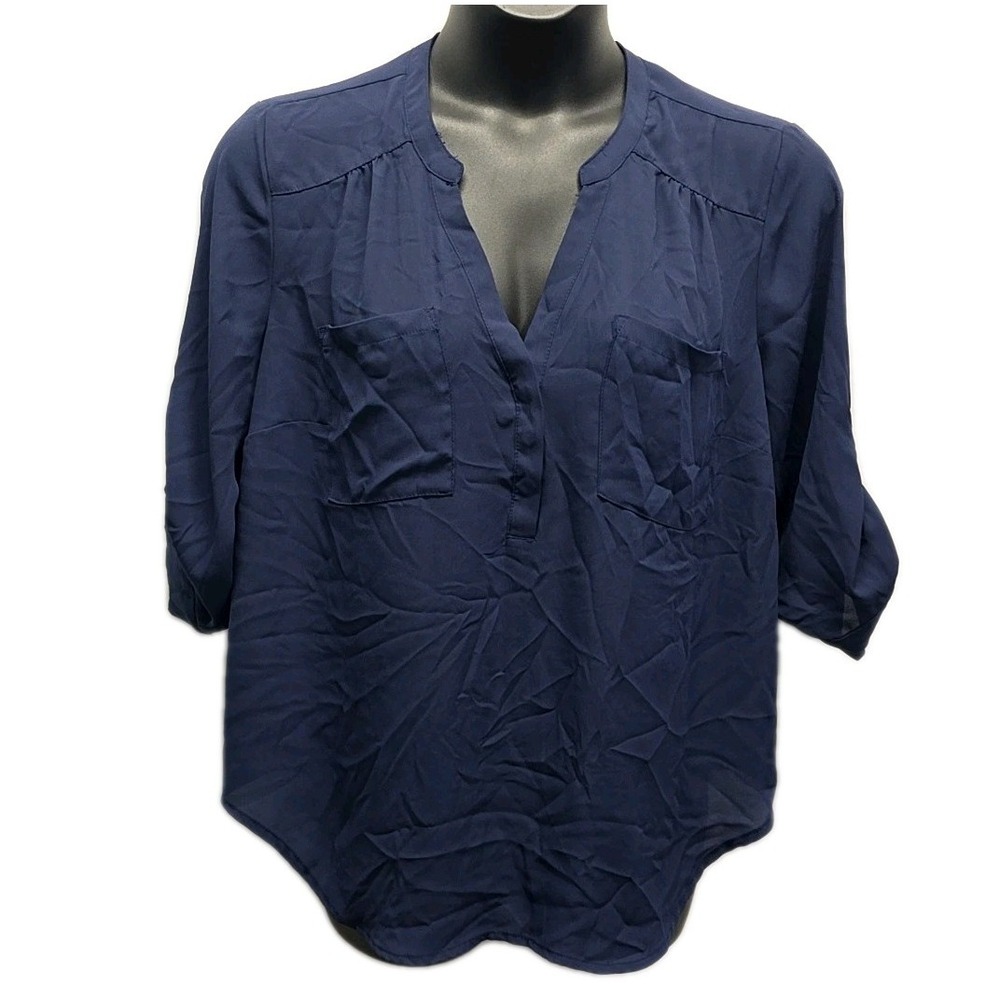 Torrid Harper Blouse Womens 0 Navy Blue Roll Tab Sleeve V-Neck Pocket Top